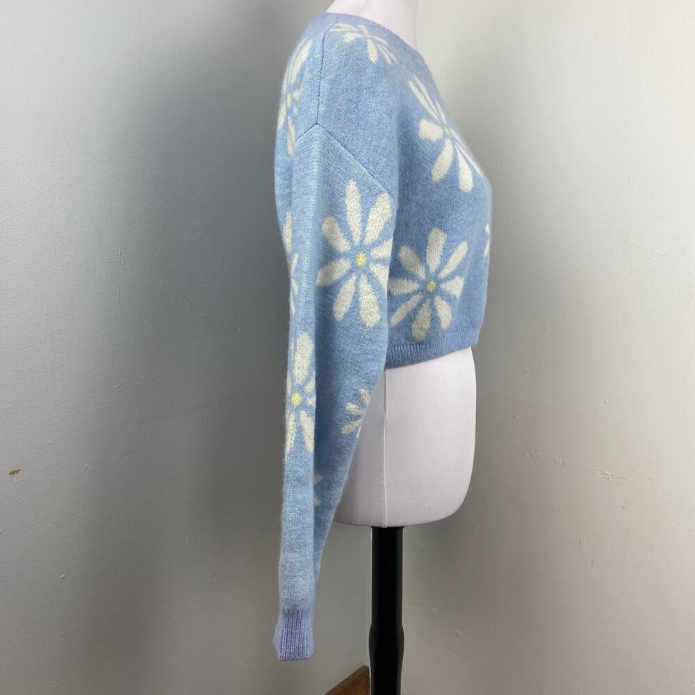 Witty Fox Blue Retro Floral Cropped Knit Sweater Large Daisy - Picture 3 of 7